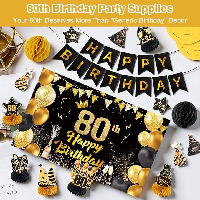 Happy 80th Birthday Party Decoration: Including Birthday Banner Backdrop, Party Table Centerpieces and Hanging Swirl Party Streamers, Birthday Decor for Men and Women (Gold/Black, 80th Birthday)