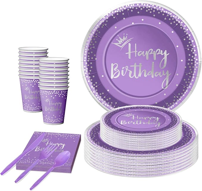 168 Pieces Purple Silver Birthday Plates and cups and Napkins Party Supplies Set,Disposable Spoons Knifes Forks Birthday Favors Set,Serves 24