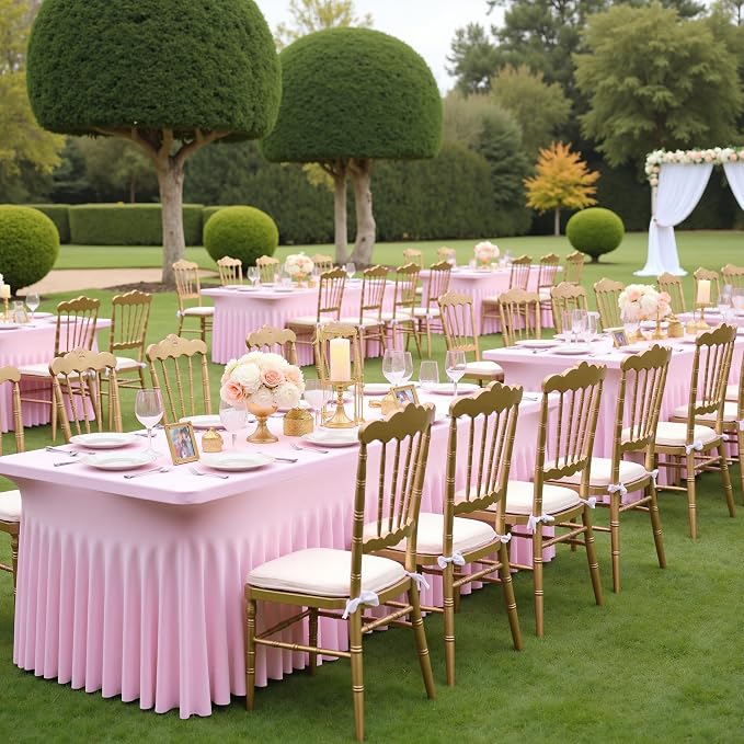2 pk Baby Pink Spandex Tablecloth 8ft With Ruffled Table Skirt, Wrinkle Free Stretchy Fitted Tablecloths for 8 Foot Rectangle Tables, Elastic Spandex Table Covers for Weddings Parties Banquet