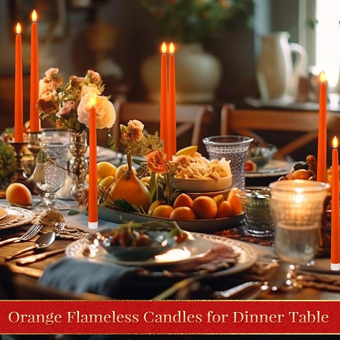 Macarrie 24 Packs Flameless Taper Candles Battery Operated Fake 11 Inch Long Candlelight LED Flameless Candlesticks Flickering Tapered for Summer Fall Wedding(Orange)