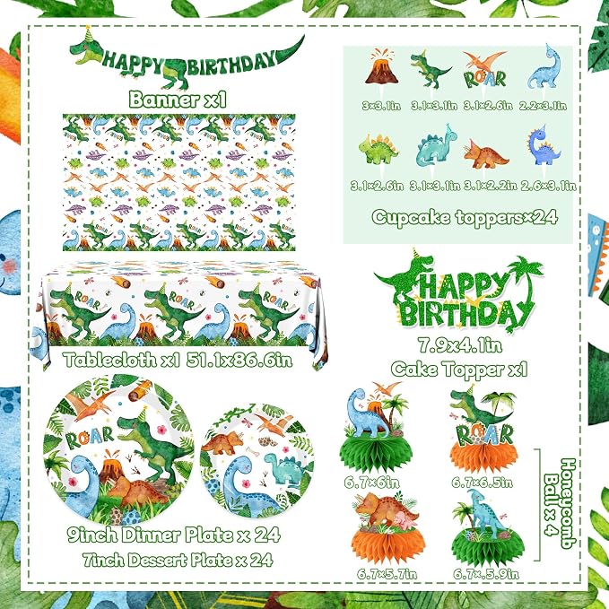 Dinosaur Birthday Party Supplies for Boys,Dinosaur Birthday Decorations Includes Party Plates and Napkins,Banner,12 Balloons,Tablecloth,Cups,Honeycomb Cupcake Topper,Hanging Swirls,Serve 24