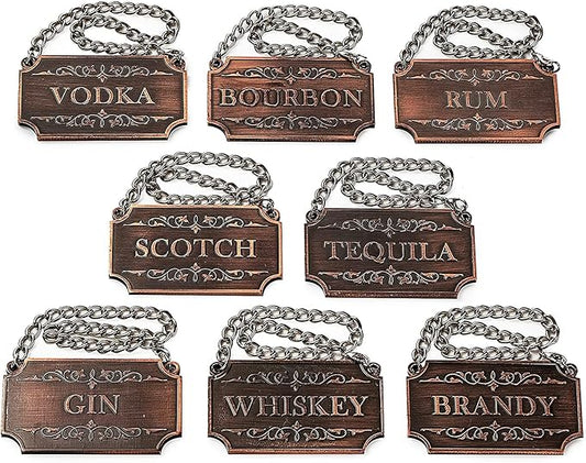 Decanter Tags Copper Set of 8 for Alcohol - The Wine Savant - Bottle - Whiskey, Scotch, Bourbon, Gin, Rum, Vodka, Tequila and Brandy, Fits All Bottles, Great Home Gift, Gifts for Dad