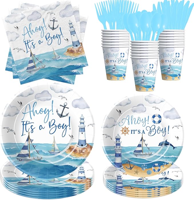 Ahoy Its A Boy Baby Shower Decorations Tableware - Nautical Baby Boy Decorations, Plate, Cup, Napkin, Disposable Cutlery, Anchor Nautical Party Supplies For Sailor Boat Baby Shower | 24 Guest