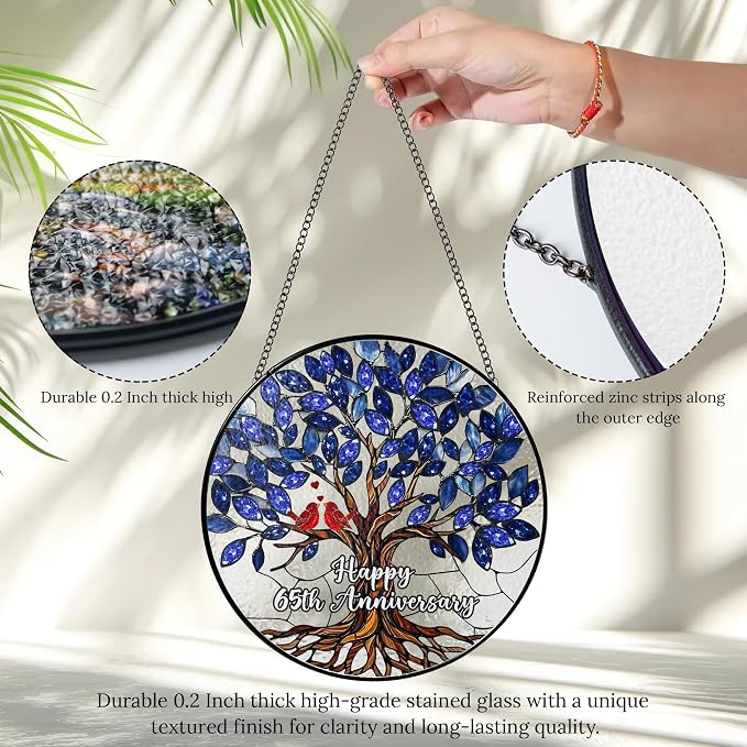 65th Wedding Anniversary Stained Glass Suncatcher, 6x6' Anniversary Decorations, 65th Celebration Marriage Gifts for Parents, Couple, Wife & Husband, 65 Wedding Milestone Keepsake