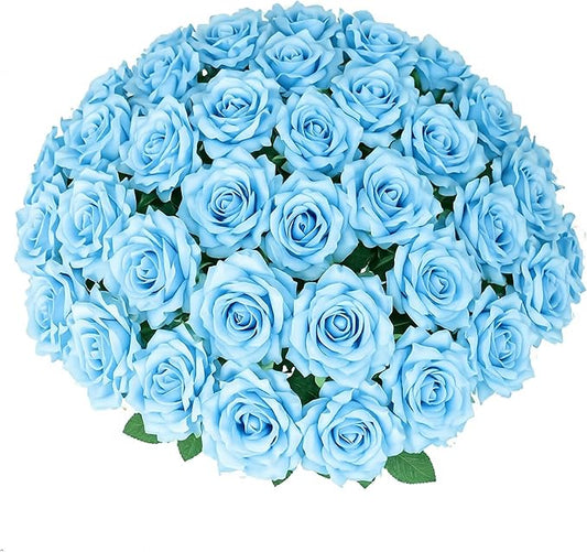 Blue Fake Roses in Bulk 4 Inches Silk Roses Artificial Roses Faux Roses with Stems Bouquet for Wedding Decorations centerpieces Flowers Bride Table Room Home Decor(50 Blue)