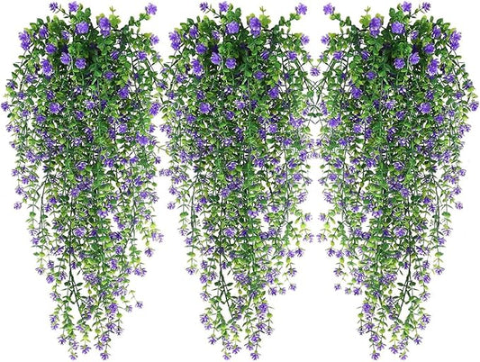 WEISPARK Artificial Hanging Flowers, 9pcs Fake Eucalyptus Vine Faux Flower Greenery Garland Plastic Plants for Indoor Outdoor Wall Garden Wedding Home Party Decor (9pcs Purple)