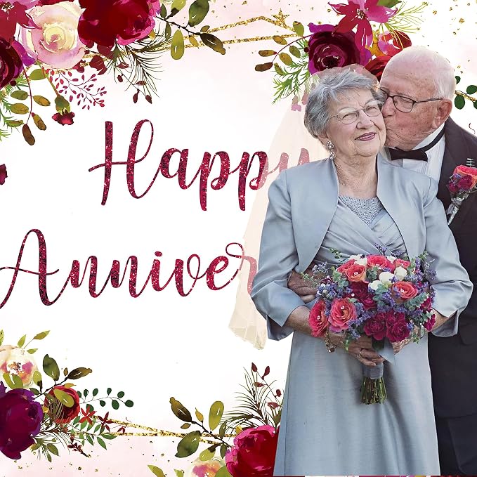 Happy Anniversary Backdrop 8Wx6H Feet Polyester Fabric Elegant Burgundy Floral Watercolor Rose Plant Green Leaves Gold Glitter Decoration Romantic Photography Background Photo Shoot Props