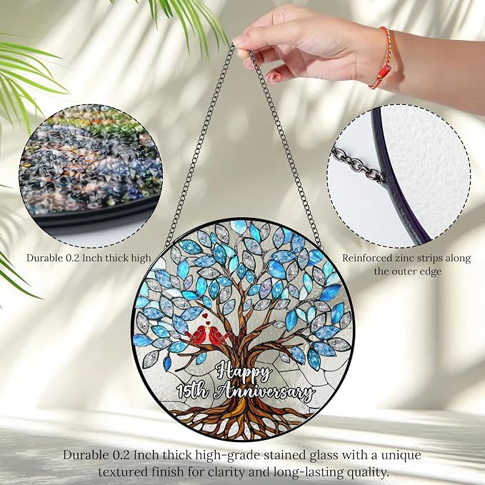 15th Wedding Anniversary Stained Glass Suncatcher, 6x6' Anniversary Decorations, 15th Celebration Marriage Gifts for Parents, Couple, Wife & Husband, 15 Wedding Milestone Keepsake