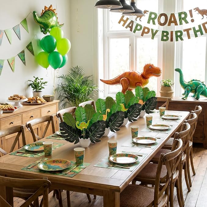 Suncalla 6 Set Dinosaur Party Table Centerpiece Decoration Dinosaur Themed Stick Set Include Vase Stick Artificial Leaves Jungle Animal Theme Table Topper for Baby Shower Birthday(Eggshell,Plastic)