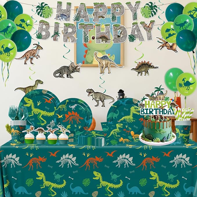 Dinosaur Birthday Decorations, 197Pcs Dinosaur Party Decorations Tableware Set Include Dinosaur Plates,Napkins,Cups,Balloon,Banner,Hanging Swirl,Cake Toppers,Tablecloth for Boy Dino Birthday Supplies