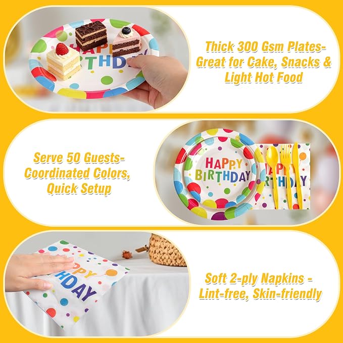 400 Pcs Disposable Birthday Party Tableware Set for 50 Guests | Heavy-Duty 7" & 9" Paper Plates, Cups, 13" Napkins & Plastic Cutlery, Rainbow Confetti "Happy Birthday" Party Supplies