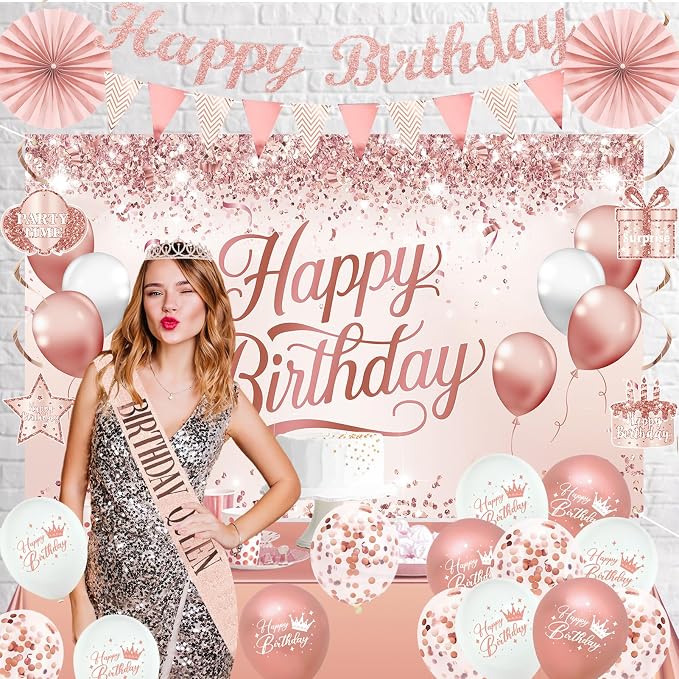 Trgowaul Birthday Decorations Party Set for Women Girls, Rose Gold Happy Birthday Banner, Sash and Tiara, Pink Balloons, Pink Party Supplies Ideas Decor for Her