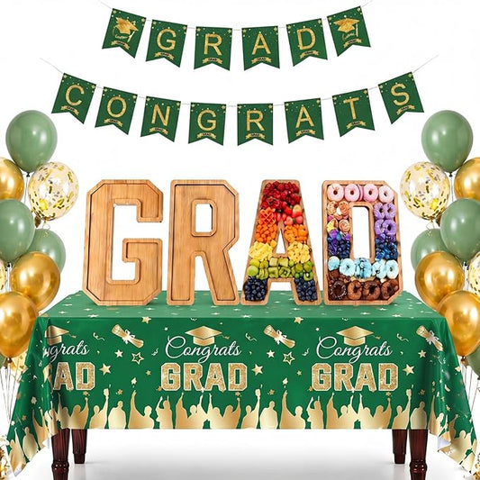 Mindsoft 30 Pcs Graduation Charcuterie Board Set 2026 Grad Bamboo Fillable Box with Green Gold Congrats Banner, Balloons, Tablecloth Graduation Party Decorations Supplies for High School College