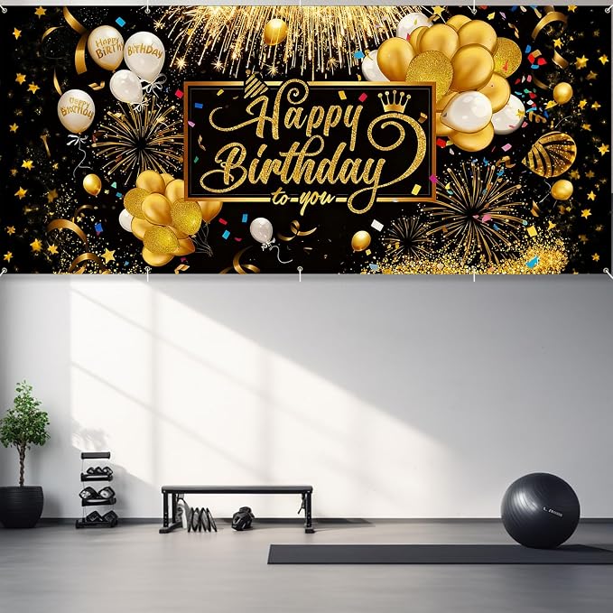Happy Birthday Garage Door Banner Cover 7x16FT Waterproof –Luxury Black Gold Fireworks & Balloons Backdrop with Crown Design,Indoor Outdoor Decor for Birthday Party,Anniversary, Photo Booth