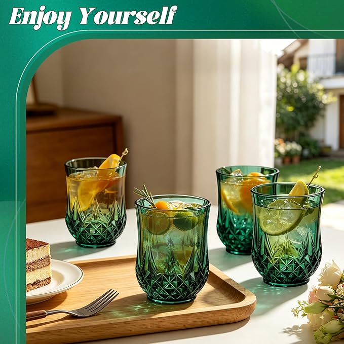 12 Pack Plastic Stemless Wine Glasses,12oz Unbreakable Vintage Elegant Drinking Glass Set,Reusable Fancy Cocktail Cups for Party, Wedding, and Bulk Events (12, 12oz-Dark Green)
