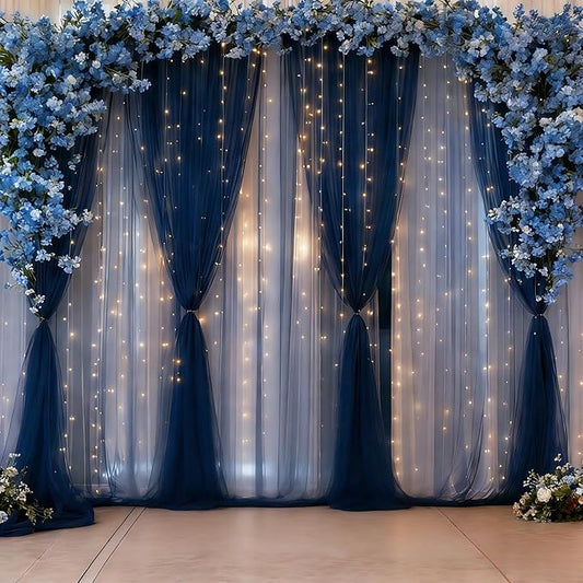 30×10ft Navy Blue Tulle Backdrop Curtain with Lights String for Parties, Sheer Photo Backdrop Curtains for Wedding Party Photography Background