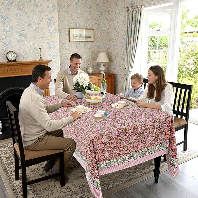 Ridhi Strawberry Pink Hand Block Print Cotton Rectangle Tablecloth 190" x 72" inches Reusable Table Cover Decorative Everyday Use for Dining Room, Farmhouse, Home Gift for Spring, Mother's Day