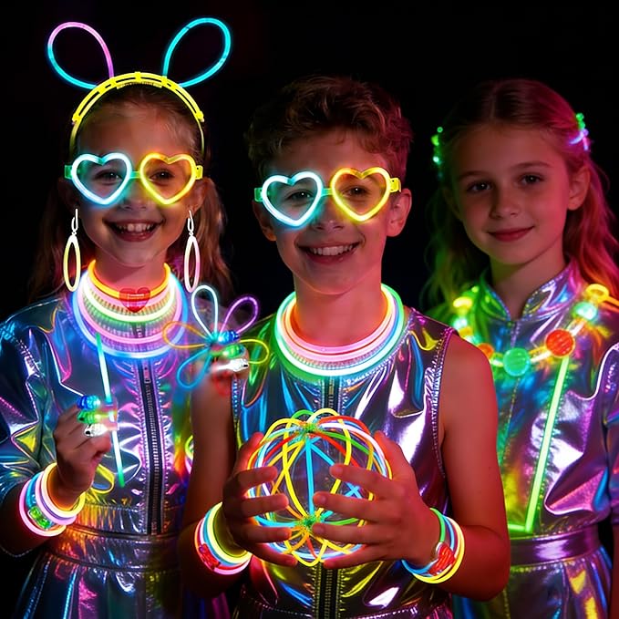 394 Pcs Glow in the Dark Party Supplies for 16 Kids Adults, Light Up Party Favors, 150 Ultra Bright Glow Sticks Bulk Party Pack with Set of 16 Glow Glasses,Earring, Headband,Bracelets, Necklaces