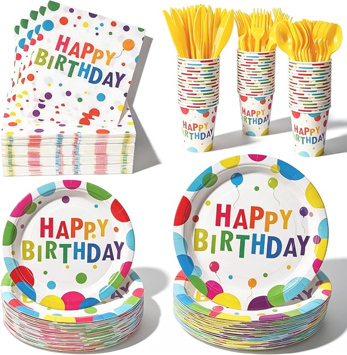 400 Pcs Disposable Birthday Party Tableware Set for 50 Guests | Heavy-Duty 7" & 9" Paper Plates, Cups, 13" Napkins & Plastic Cutlery, Rainbow Confetti "Happy Birthday" Party Supplies