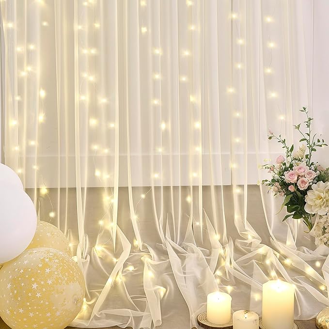 10×12ft Champagne Tulle Backdrop Curtain with Lights String for Parites Sheer Fabric Backdrop Curtains for Wedding Baby Shower Birthday Party Backdrop Drapes Bridal Shower Photo Shoot Background