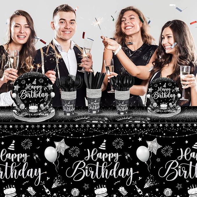 Vesici 171 Pcs Happy Birthday Party Supplies 24 Set Disposable Party Tableware include Plates Cups Napkins Cutlery and Banner Tablecloth Birthday Dinner Decorations for Men Woman(Black, Silver)