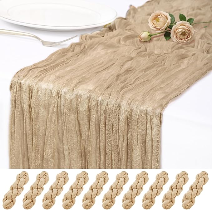 10 Pack Beige Cheesecloth Table Runner 17x108 Inch Semi Sheer Boho Rustic Gauze Cheese Cloth Table Runners for Wedding Party Birthday Baby Shower Home Décor
