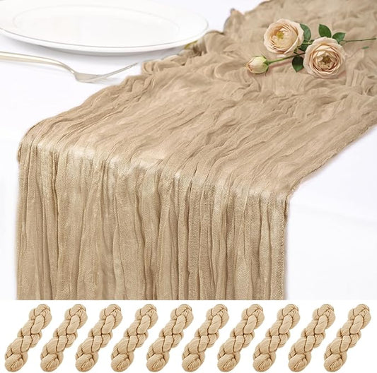 10 Pack Beige Cheesecloth Table Runner 17x108 Inch Semi Sheer Boho Rustic Gauze Cheese Cloth Table Runners for Wedding Party Birthday Baby Shower Home Décor