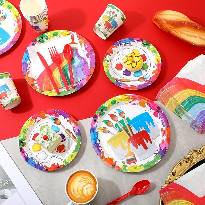 Uiifan 350 Pcs Paint Party Decorations Art Party Supplies with 100 Painting Plates 50 Napkins 50 Paper Cups 150 Plastic Silverware Disposable Dinnerware Set for Art Birthday Table Decor