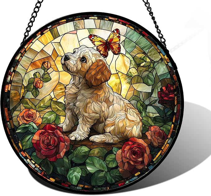 DASTOLL Stained Glass Window Hanging, Cute Dog and Flowers Suncatcher for Doors Home Butterfly Sun Catchers Decoration and Christmas, Mother's Day Birthday Gifts for Women, Men, and Mom 9.8 in