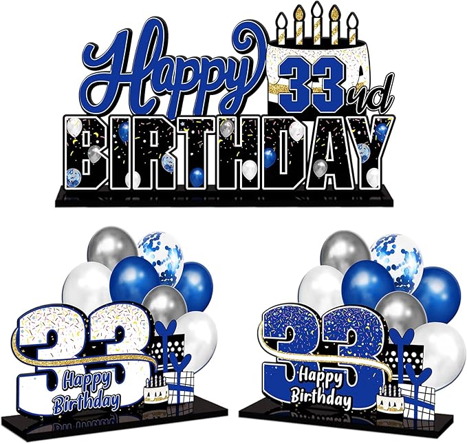 LINGTEER Happy 33rd Birthday Blue Acrylic Table Topper Centerpieces Set - Cheers to 33 Years Old Birthday 33rd Bday Party Gift Decorations.