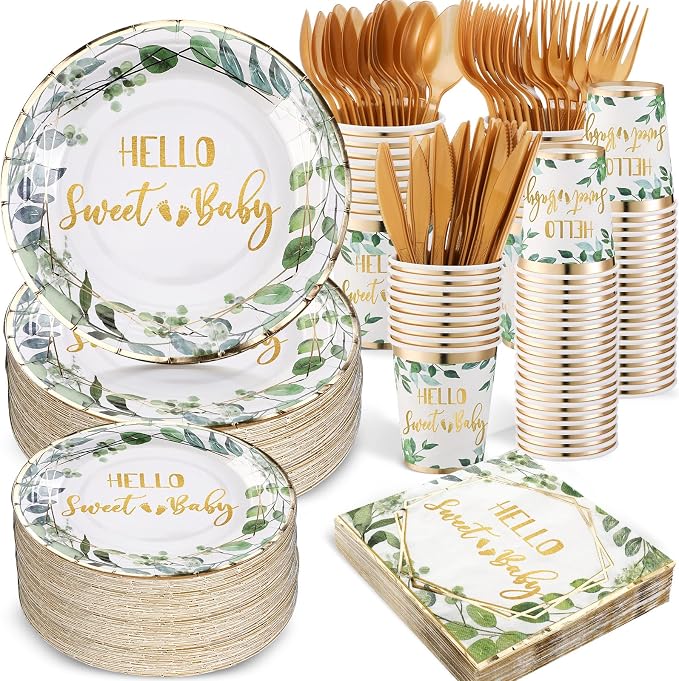 400 Pcs Baby Gender Reveal Plates and Cups and Napkins Sets with Forks Spoon Party Supplies Baby Shower Paper Tableware Gender Reveal Decorations Disposable Cutlery, Serves 50(Green White,Hello Sweet)