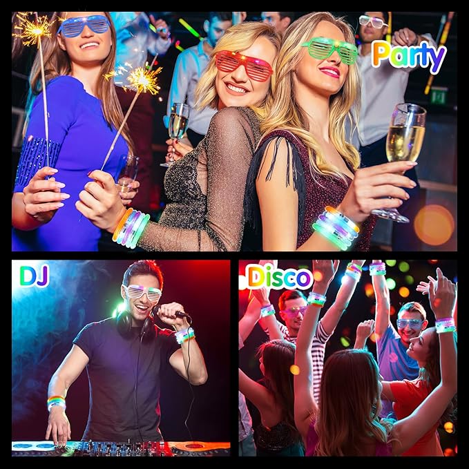 Honoson 96 Pack Glow in the Dark Party Supplies, Light up Glasses LED Bracelets, Neon Favor Flashing Bulk Gift for Adult (Vibrant Color)
