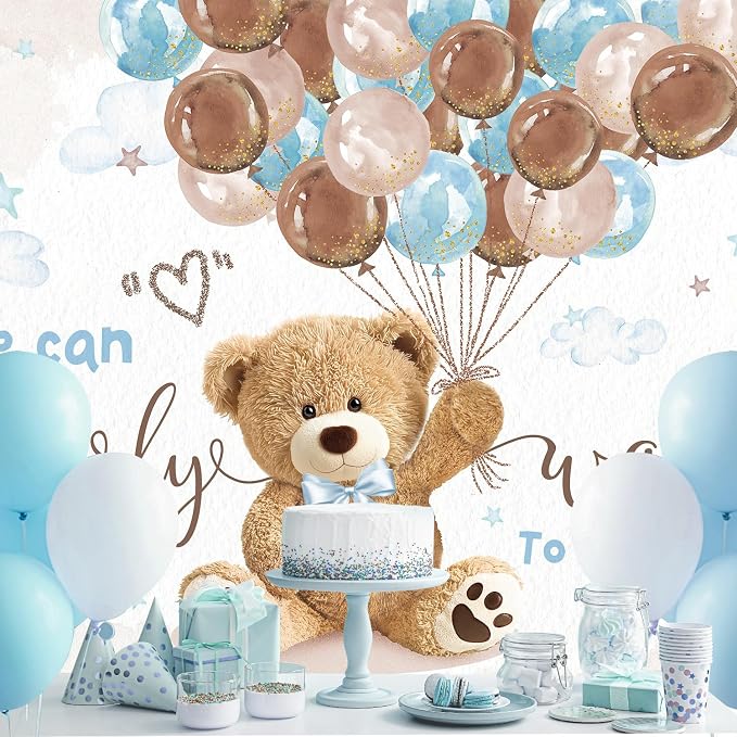 Bear Baby Shower Backdrop 8Wx6H Feet We Can Bearly Wait for Boys Balloons Gold Dots Cute Cartoon Polyester Fabric Newborn Photography Backgrounds Photo Shoot Decor Props Decoration