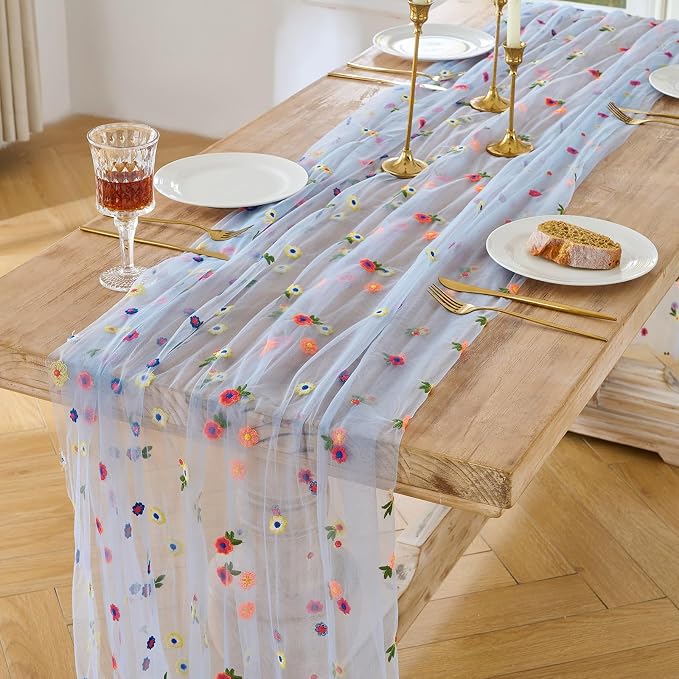 BINBE 12pcs Daisy Spring Table Runner Embroidery Gauze 10FT Florals Seasonal Tulle Holiday Birthday Kitchen Dining Table Decor for Home Party Blue