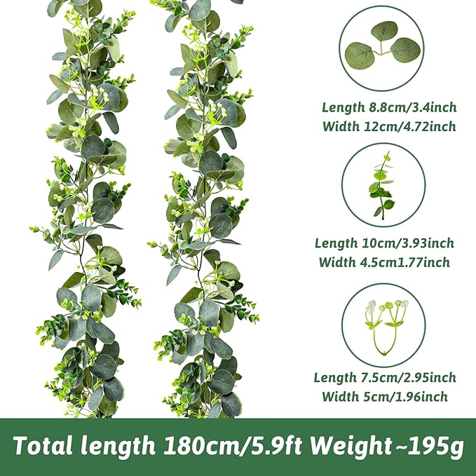 MAKHOT 2pcs Artificial Eucalyptus Garland, 5.9FT Greenery Garland Flower Spring Summer Green Garlands Vines Decoration, Fake Silver Dollar Eucalyptus Leaves Vines for Table Home Wedding Party Decor
