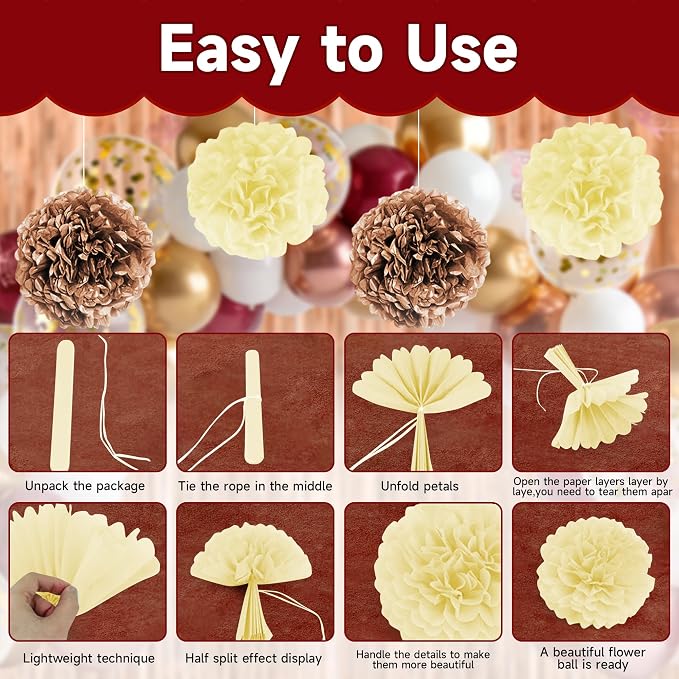 Burgundy Balloons Birthday Decorations, Happy Birthday Banner, Tassel, Heart Foil Balloons, Butterfly, Paper Flower and Fringe Curtains for Happy Birthday Decorations for Women Adults