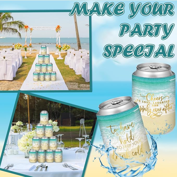 Qinyoung 50 Pieces Beach Theme Wedding Can Cooler Bulk Engagement Party Favors for Guests Cheers to Love Laughter and Happily Ever After Rehearsal Dinner Decorations for Wedding Bridal Party