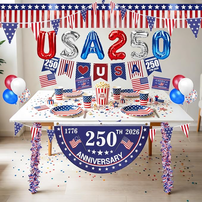 Tryly 4th of July Golf Cart Decorations Kit, 250th Patriotic Parade Golf Cart Decor – 250th Banner, Fan Flags, Foil Fringe Garland, Pinwheels and More with 1776-2026 for Independence Day Memorial Day