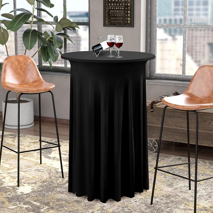 4 Packs Black Round High Top Table Cloth 24inch×43inch Stretchy Wrinkle Free Highboy Cocktail Spandex Table Covers for Cocktail Party Wedding Banquet Baby Shower Baptism Decor