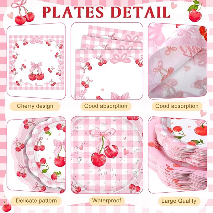 Funnymoom 400 Pcs Cherry Bow Birthday Party Supplies for 50 Guests Bow Cherry Paper Plates and Napkins Knives Spoon Fork Cup Disposable Coquette Birthday Dinner Sets for Bachelorette Party