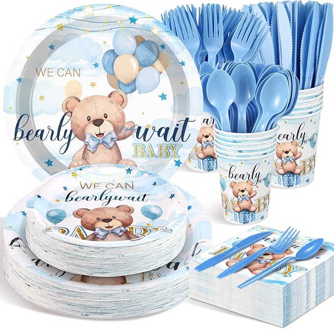Sliner 175 Pcs We Can Bearly Wait Blue Bear Plates Napkin Cups Knives Party Supplies Disposable Cups Paper Tableware Set Baby Shower Decorations for Boy Gender Reveal Tableware Set Serves 25 Guests