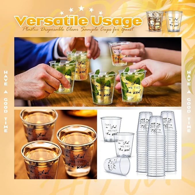 Domensi 200 Pieces Plastic Shot Clear Glasses 2 oz Take a Shot We Tied The Knot Disposable Mini Glasses Bulk Wedding Favors Cup for Weddings, Bridal Showers, Engagement Parties(Black)