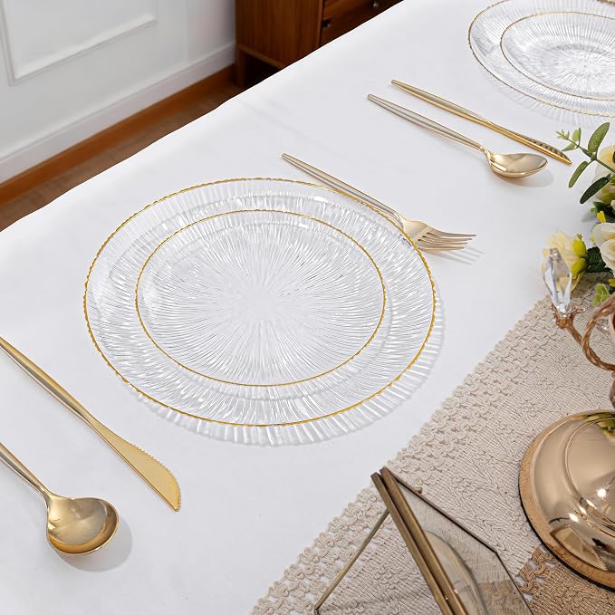 DaYammi 60Pcs Clear Plastic Plates with Gold Rimmed - Gold Disposable Plates Set Including 30pcs Dinner Plates,30pcs Dessert Plates with Radial Texture for Party & Wedding Dinner