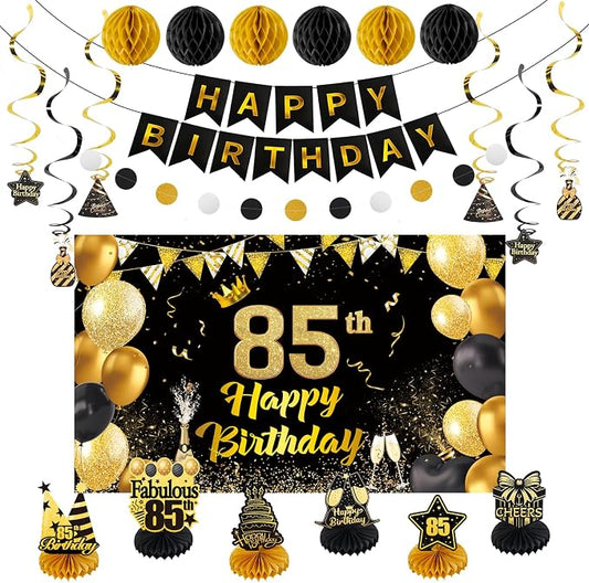 Happy 85th Birthday Party Decoration: Including Birthday Banner Backdrop, Party Table Centerpieces and Hanging Swirl Party Streamers, Birthday Decor for Men and Women (Gold/Black, 85th Birthday)