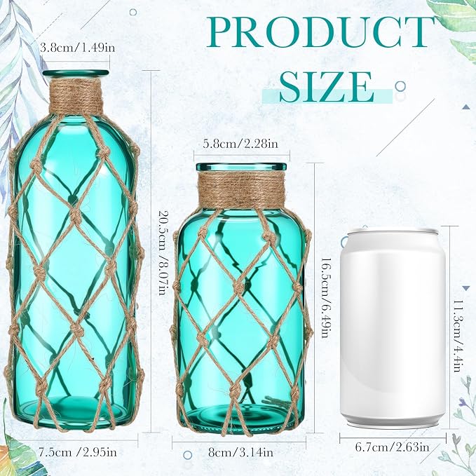 Chuangdi Set of 2 Coastal Glass Vases for Flowers TSITP Flower Vase with Boho Rope Small Sea Glass Jar Nautical Beach Bottle for Wedding Table Centerpieces Floral Arrangement Decor(Blue Green)
