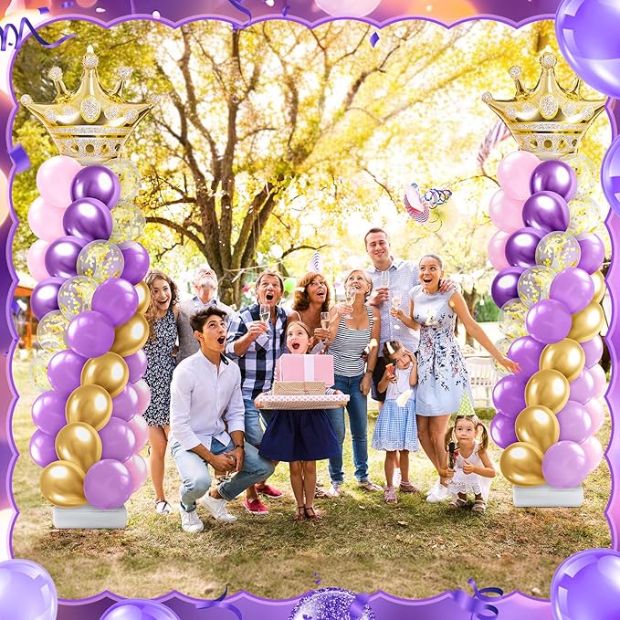 2 Sets Princess Balloon Column Stand Kit with Crown Exploding Star Foil Balloon Purple and Gold Balloons Arch Garland for Princess Birthday Wedding Baby Shower Decorations Party Supplies
