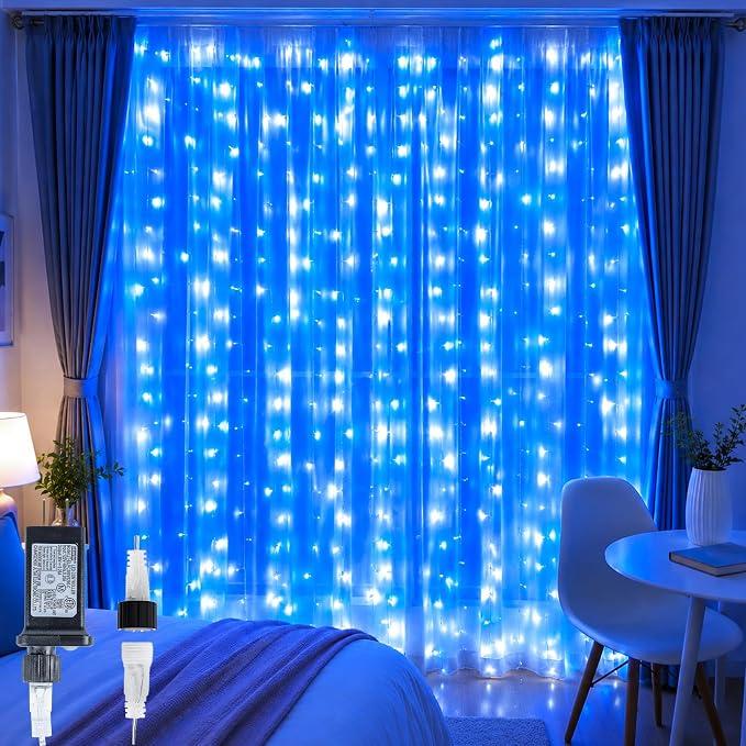 HEYFUNi Fairy Curtain Lights Plug in, 304 LED 9.8FT x 9.8FT, Blue & White | 8 Modes Backdrop Window Lights for Bedroom, Hanging String Lights for Christmas, Party, Patio, Lawn, Garden, Wedding Decor