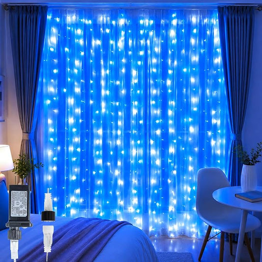 HEYFUNi Fairy Curtain Lights Plug in, 304 LED 9.8FT x 9.8FT, Blue & White | 8 Modes Backdrop Window Lights for Bedroom, Hanging String Lights for Christmas, Party, Patio, Lawn, Garden, Wedding Decor
