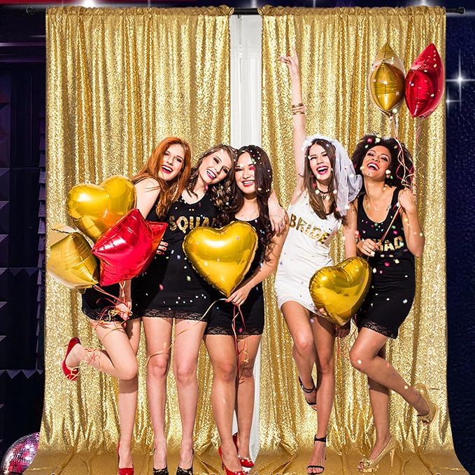 PartyDelight Gold Sequin Backdrop Curtains 5x10ft 2 Panels | 3mm stitched sequin curtain with 4 inch rod pocket for 5x10ft wide reception wall head table stage backdrop and event display