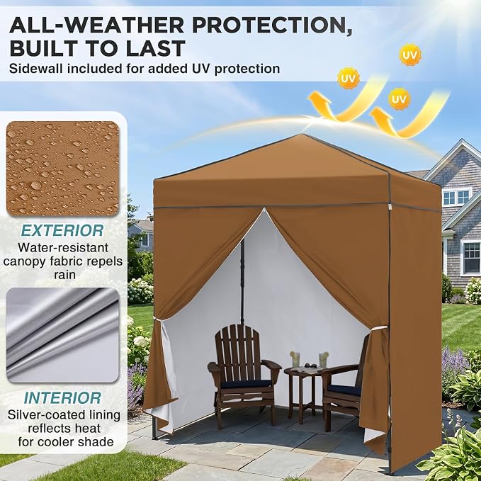 EAGLE PEAK 6x4 Instant Pop Up Canopy Tent with 4 Side Wall Panels, Straight Leg Sun Shelter, Portable Canopy with Carry Bag for Camping, Beach & Sports, Khaki